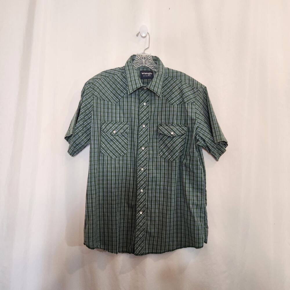 WRANGLER VTG Green Blue Plaid Pearl Snap Western Cowboy Festival Mens XL FLAWED‎